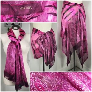 Escada 100% Silk Sarong Coverup - Pink & Black - Bohemian Feminine Coastal 68x26